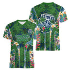 Canberra Raiders Women V-Neck T-Shirt Tropical Hibiscus Floral Pattern With Green And Navy Accents