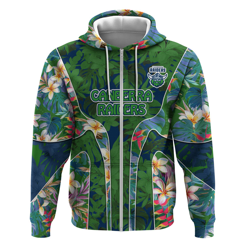 Canberra Raiders Zip Hoodie Tropical Hibiscus Floral Pattern With Green And Navy Accents