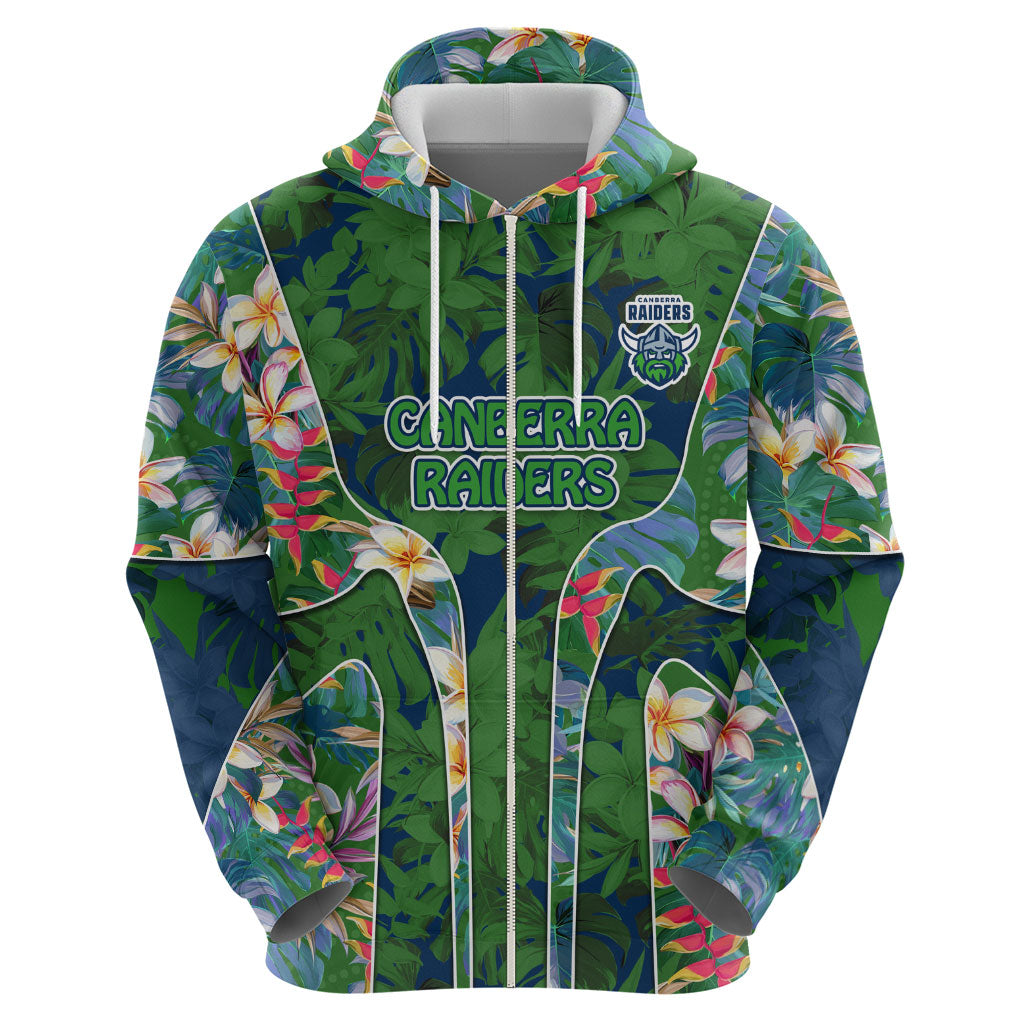 Canberra Raiders Zip Hoodie Tropical Hibiscus Floral Pattern With Green And Navy Accents