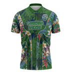 Canberra Raiders Zipper Polo Shirt Tropical Hibiscus Floral Pattern With Green And Navy Accents
