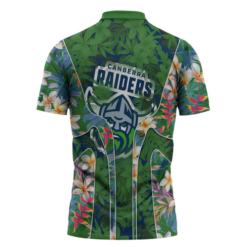 Canberra Raiders Zipper Polo Shirt Tropical Hibiscus Floral Pattern With Green And Navy Accents