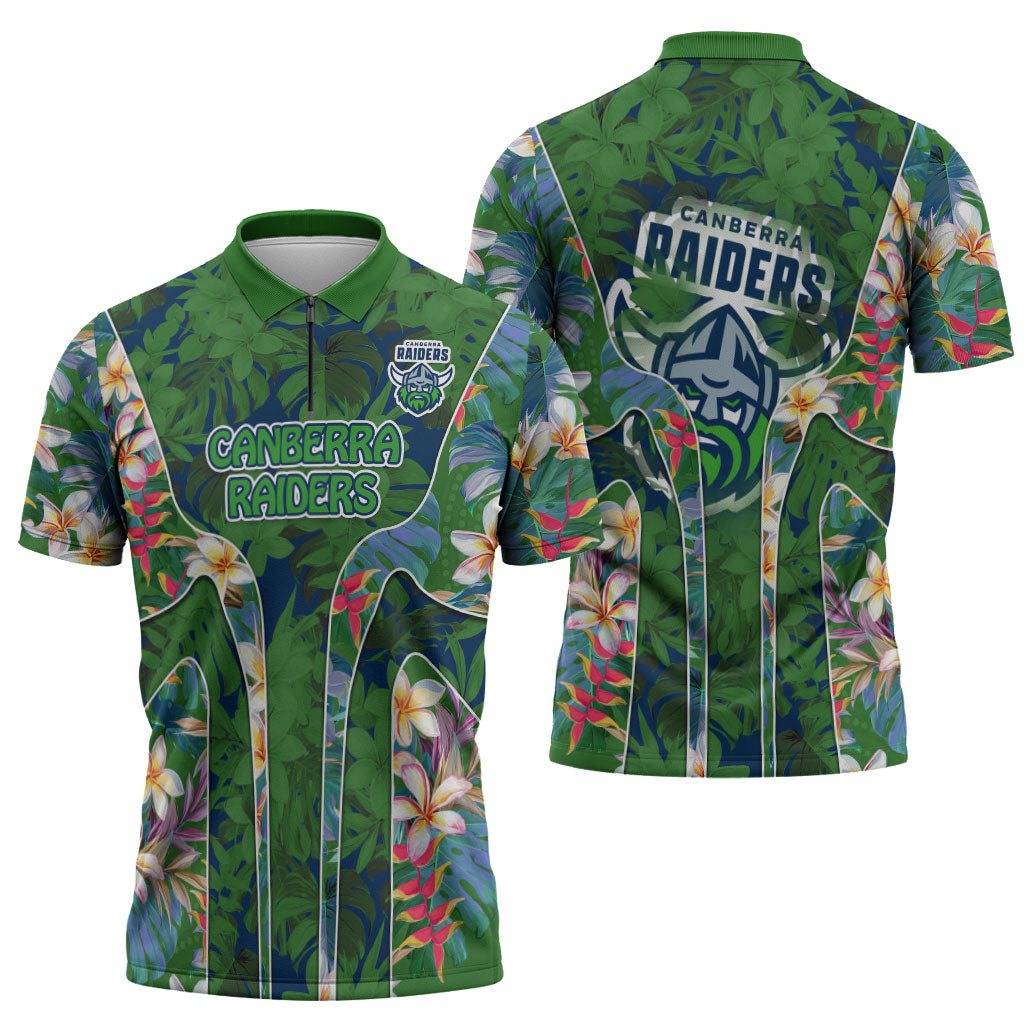 Canberra Raiders Zipper Polo Shirt Tropical Hibiscus Floral Pattern With Green And Navy Accents