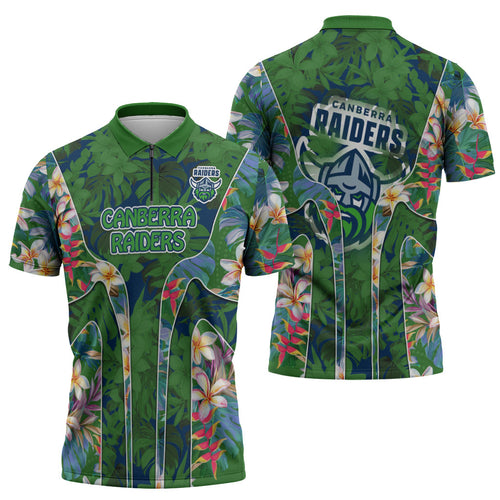 Canberra Raiders Zipper Polo Shirt Tropical Hibiscus Floral Pattern With Green And Navy Accents
