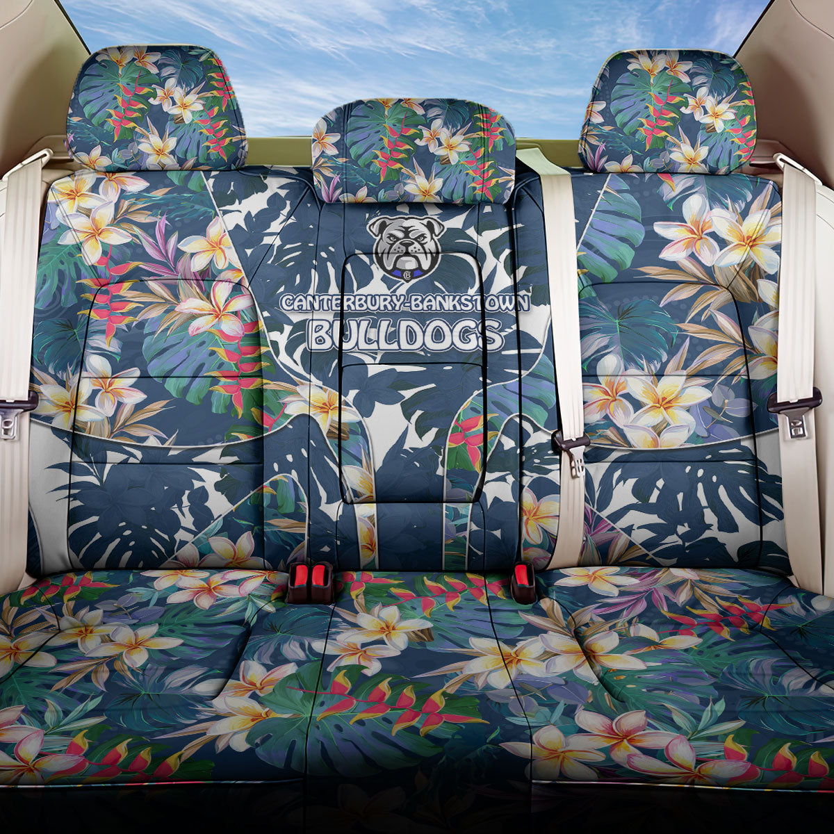 Canterbury-Bankstown Bulldogs Back Car Seat Cover Tropical Hibiscus Floral Pattern With Blue And White Accents