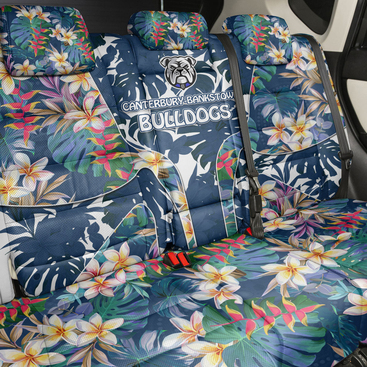 Canterbury-Bankstown Bulldogs Back Car Seat Cover Tropical Hibiscus Floral Pattern With Blue And White Accents