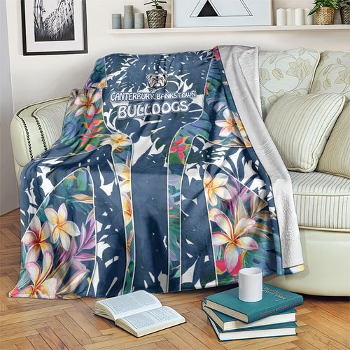 Canterbury-Bankstown Bulldogs Blanket Tropical Hibiscus Floral Pattern With Blue And White Accents