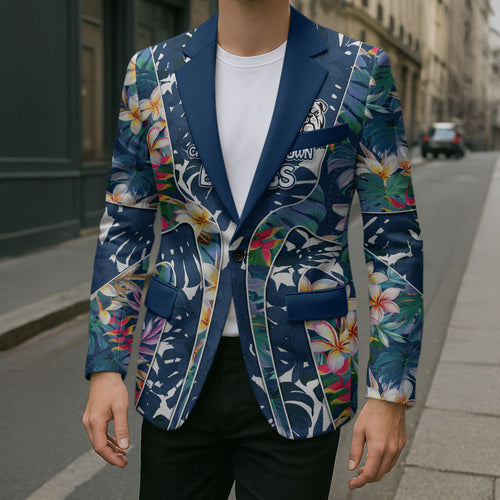 Canterbury-Bankstown Bulldogs Blazer Tropical Hibiscus Floral Pattern With Blue And White Accents