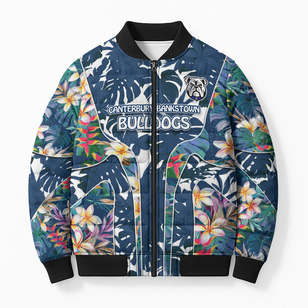Canterbury-Bankstown Bulldogs Bomber Puffer Jacket Tropical Hibiscus Floral Pattern With Blue And White Accents