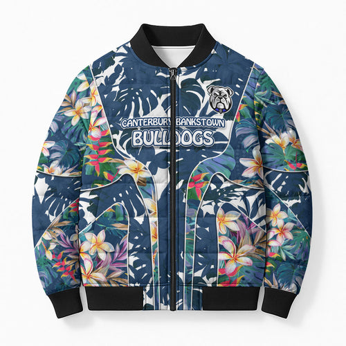 Canterbury-Bankstown Bulldogs Bomber Puffer Jacket Tropical Hibiscus Floral Pattern With Blue And White Accents