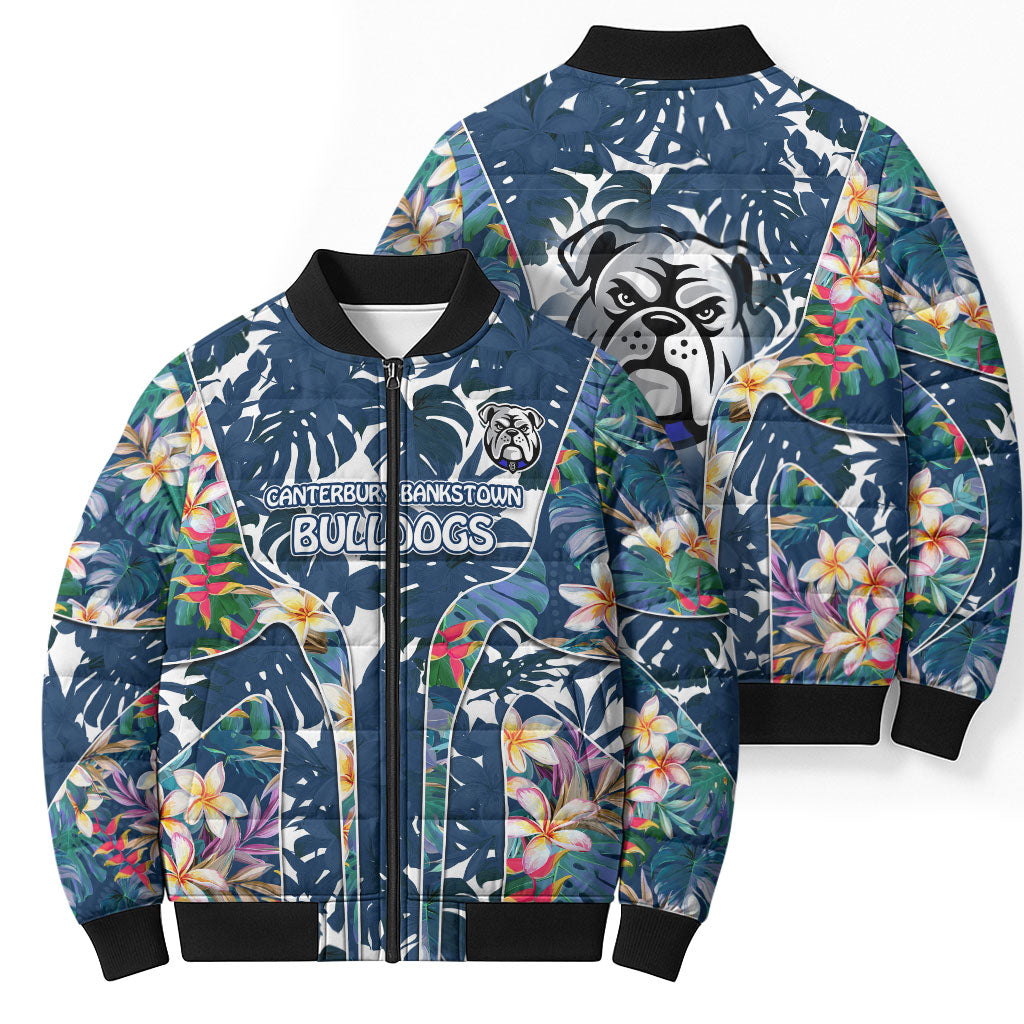 Canterbury-Bankstown Bulldogs Bomber Puffer Jacket Tropical Hibiscus Floral Pattern With Blue And White Accents