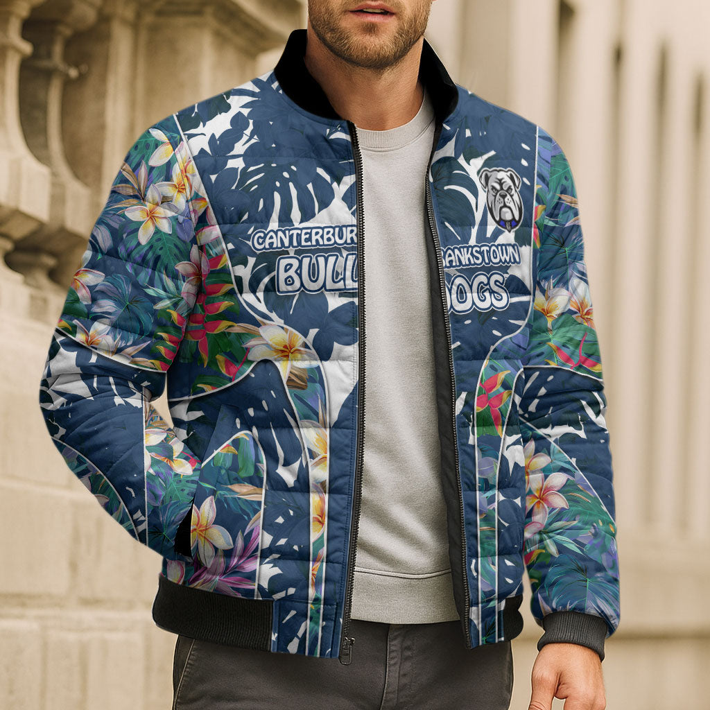 Canterbury-Bankstown Bulldogs Bomber Puffer Jacket Tropical Hibiscus Floral Pattern With Blue And White Accents