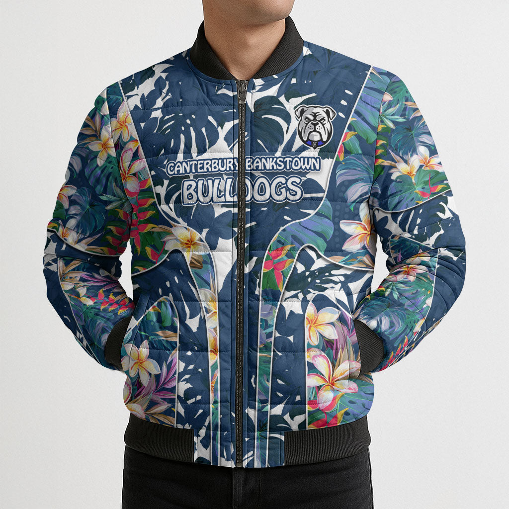 Canterbury-Bankstown Bulldogs Bomber Puffer Jacket Tropical Hibiscus Floral Pattern With Blue And White Accents