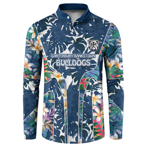 Canterbury-Bankstown Bulldogs Button Sweatshirt Tropical Hibiscus Floral Pattern With Blue And White Accents