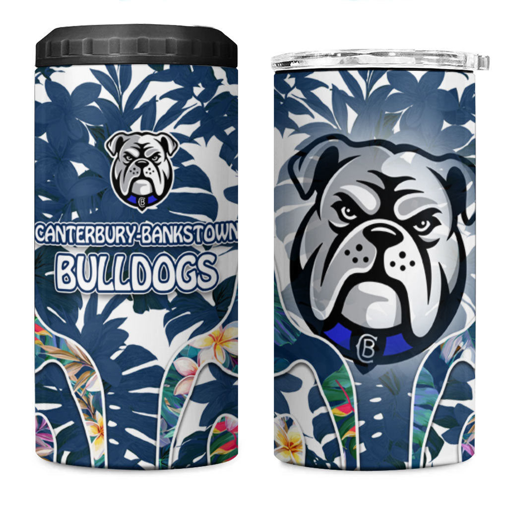 Canterbury-Bankstown Bulldogs 4 in 1 Can Cooler Tumbler Tropical Hibiscus Floral Pattern With Blue And White Accents