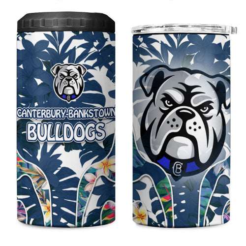 Canterbury-Bankstown Bulldogs 4 in 1 Can Cooler Tumbler Tropical Hibiscus Floral Pattern With Blue And White Accents
