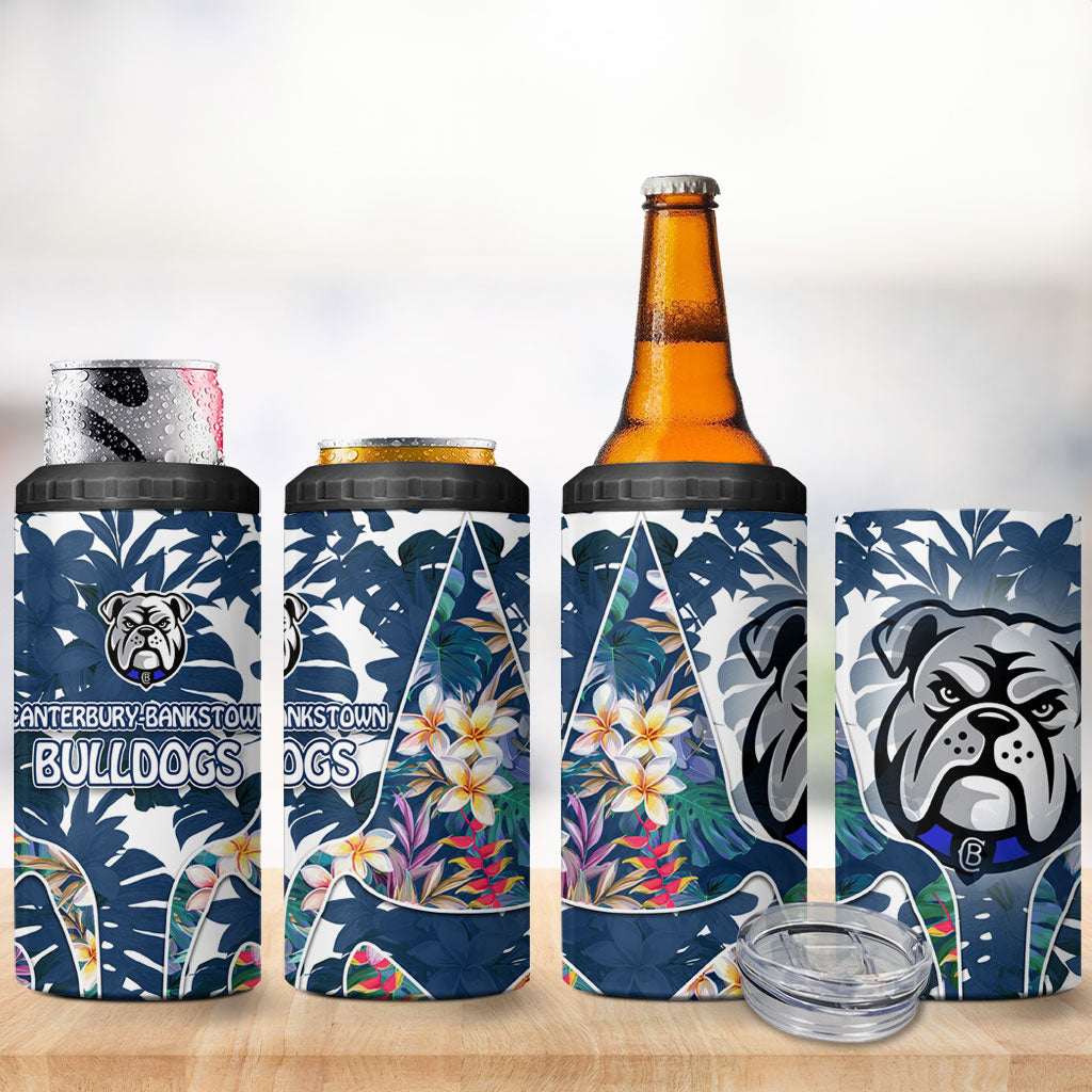 Canterbury-Bankstown Bulldogs 4 in 1 Can Cooler Tumbler Tropical Hibiscus Floral Pattern With Blue And White Accents
