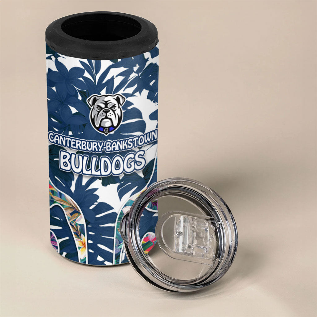 Canterbury-Bankstown Bulldogs 4 in 1 Can Cooler Tumbler Tropical Hibiscus Floral Pattern With Blue And White Accents