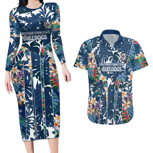 Canterbury-Bankstown Bulldogs Couples Matching Long Sleeve Bodycon Dress and Hawaiian Shirt Tropical Hibiscus Floral Pattern With Blue And White Accents