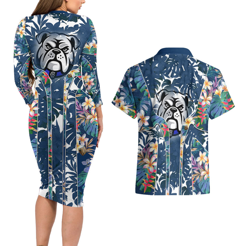 Canterbury-Bankstown Bulldogs Couples Matching Long Sleeve Bodycon Dress and Hawaiian Shirt Tropical Hibiscus Floral Pattern With Blue And White Accents