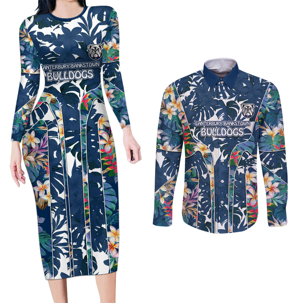 Canterbury-Bankstown Bulldogs Couples Matching Long Sleeve Bodycon Dress and Long Sleeve Button Shirt Tropical Hibiscus Floral Pattern With Blue And White Accents