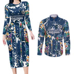 Canterbury-Bankstown Bulldogs Couples Matching Long Sleeve Bodycon Dress and Long Sleeve Button Shirt Tropical Hibiscus Floral Pattern With Blue And White Accents