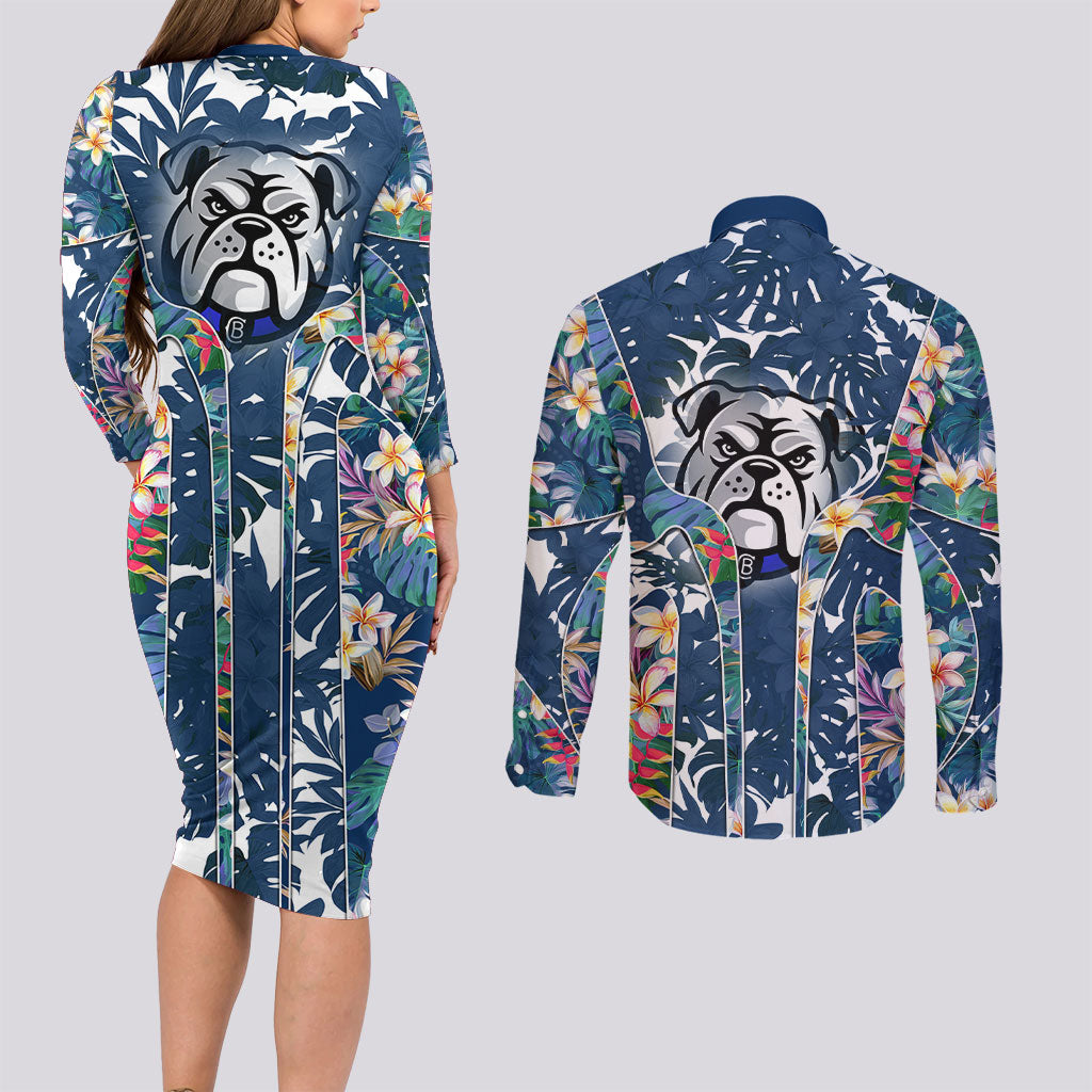 Canterbury-Bankstown Bulldogs Couples Matching Long Sleeve Bodycon Dress and Long Sleeve Button Shirt Tropical Hibiscus Floral Pattern With Blue And White Accents
