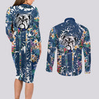 Canterbury-Bankstown Bulldogs Couples Matching Long Sleeve Bodycon Dress and Long Sleeve Button Shirt Tropical Hibiscus Floral Pattern With Blue And White Accents