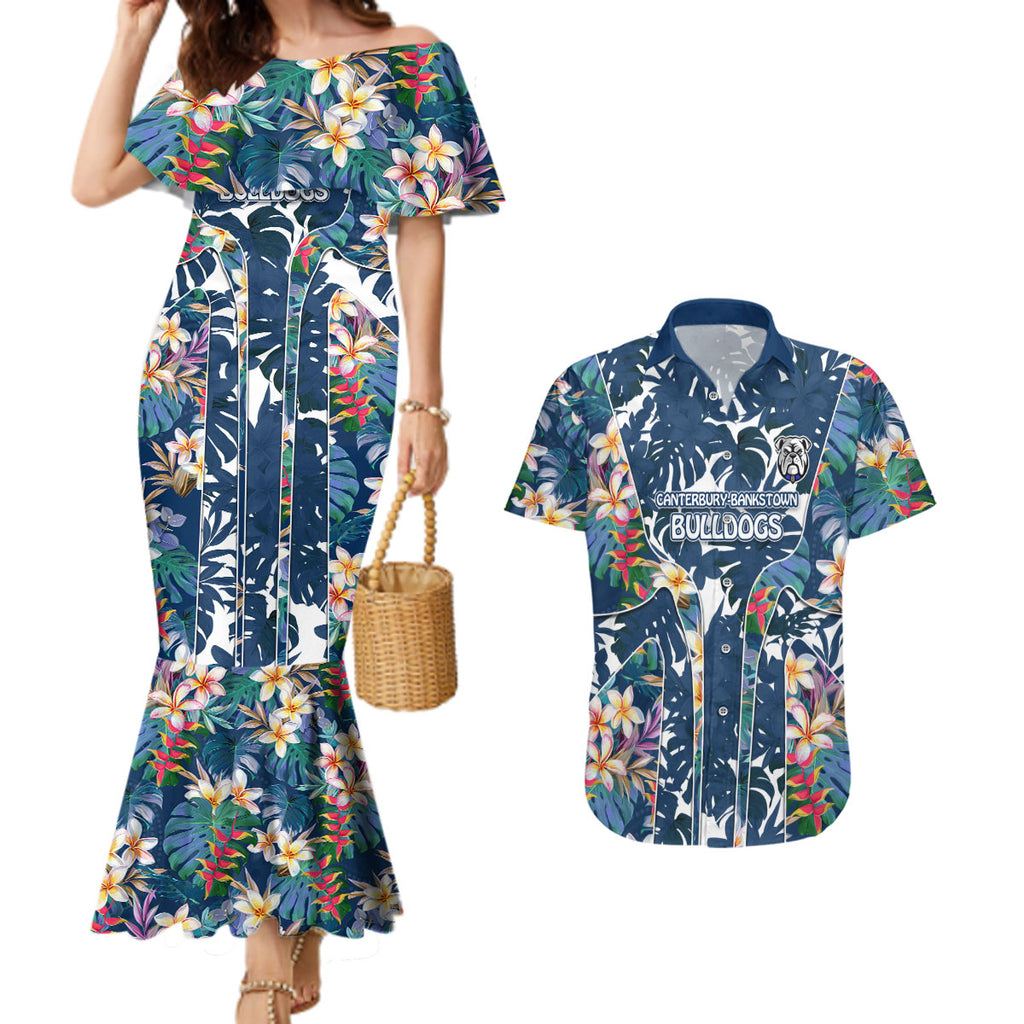 Canterbury-Bankstown Bulldogs Couples Matching Mermaid Dress and Hawaiian Shirt Tropical Hibiscus Floral Pattern With Blue And White Accents