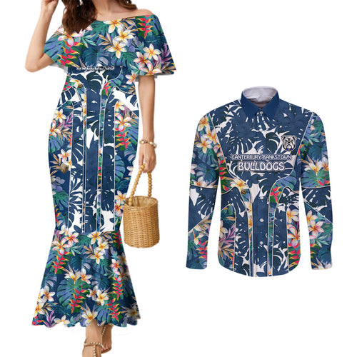 Canterbury-Bankstown Bulldogs Couples Matching Mermaid Dress and Long Sleeve Button Shirt Tropical Hibiscus Floral Pattern With Blue And White Accents