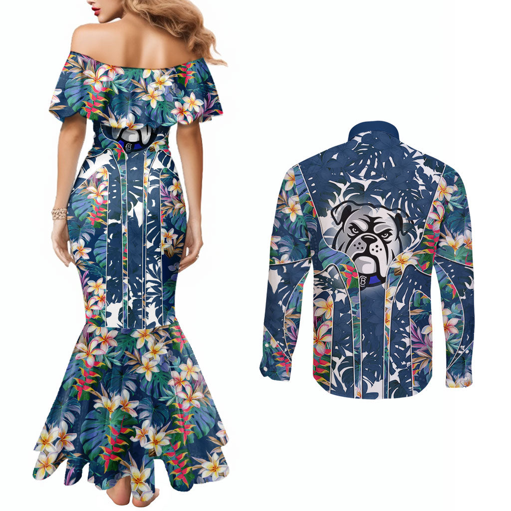 Canterbury-Bankstown Bulldogs Couples Matching Mermaid Dress and Long Sleeve Button Shirt Tropical Hibiscus Floral Pattern With Blue And White Accents