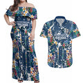 Canterbury-Bankstown Bulldogs Couples Matching Off Shoulder Maxi Dress and Hawaiian Shirt Tropical Hibiscus Floral Pattern With Blue And White Accents