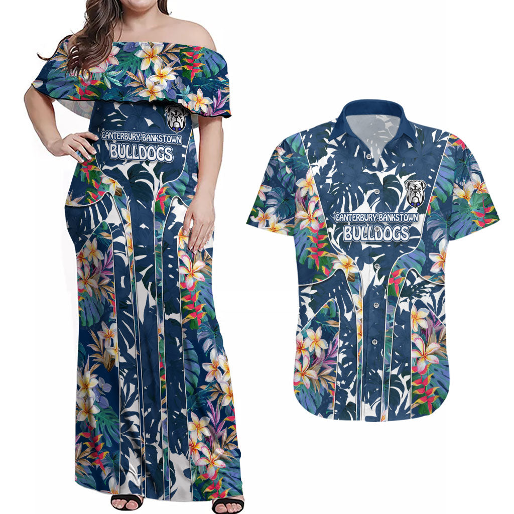 Canterbury-Bankstown Bulldogs Couples Matching Off Shoulder Maxi Dress and Hawaiian Shirt Tropical Hibiscus Floral Pattern With Blue And White Accents