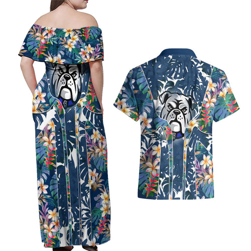 Canterbury-Bankstown Bulldogs Couples Matching Off Shoulder Maxi Dress and Hawaiian Shirt Tropical Hibiscus Floral Pattern With Blue And White Accents