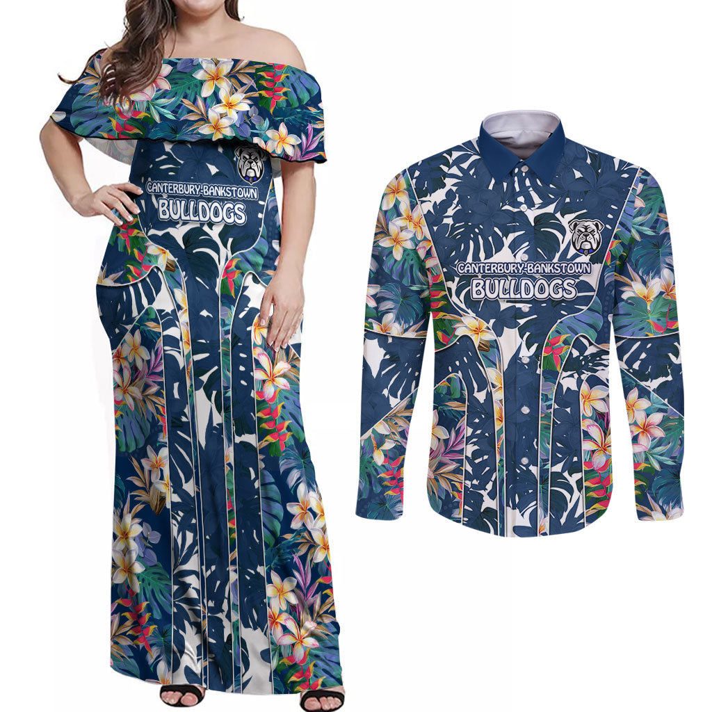 Canterbury-Bankstown Bulldogs Couples Matching Off Shoulder Maxi Dress and Long Sleeve Button Shirt Tropical Hibiscus Floral Pattern With Blue And White Accents