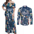Canterbury-Bankstown Bulldogs Couples Matching Off Shoulder Maxi Dress and Long Sleeve Button Shirt Tropical Hibiscus Floral Pattern With Blue And White Accents