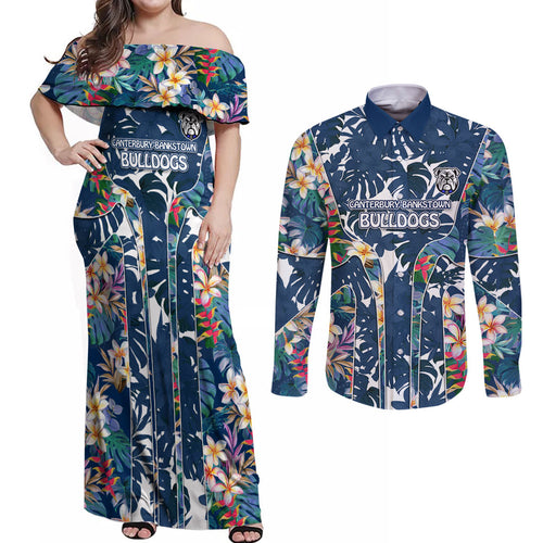 Canterbury-Bankstown Bulldogs Couples Matching Off Shoulder Maxi Dress and Long Sleeve Button Shirt Tropical Hibiscus Floral Pattern With Blue And White Accents