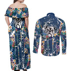 Canterbury-Bankstown Bulldogs Couples Matching Off Shoulder Maxi Dress and Long Sleeve Button Shirt Tropical Hibiscus Floral Pattern With Blue And White Accents