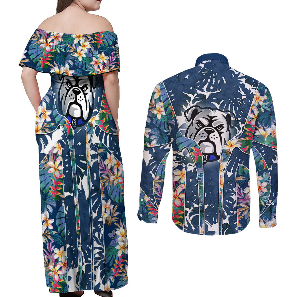 Canterbury-Bankstown Bulldogs Couples Matching Off Shoulder Maxi Dress and Long Sleeve Button Shirt Tropical Hibiscus Floral Pattern With Blue And White Accents