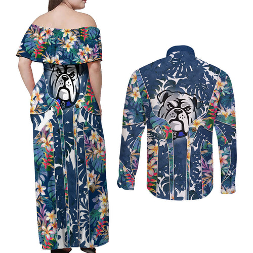 Canterbury-Bankstown Bulldogs Couples Matching Off Shoulder Maxi Dress and Long Sleeve Button Shirt Tropical Hibiscus Floral Pattern With Blue And White Accents