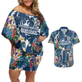 Canterbury-Bankstown Bulldogs Couples Matching Off Shoulder Short Dress and Hawaiian Shirt Tropical Hibiscus Floral Pattern With Blue And White Accents