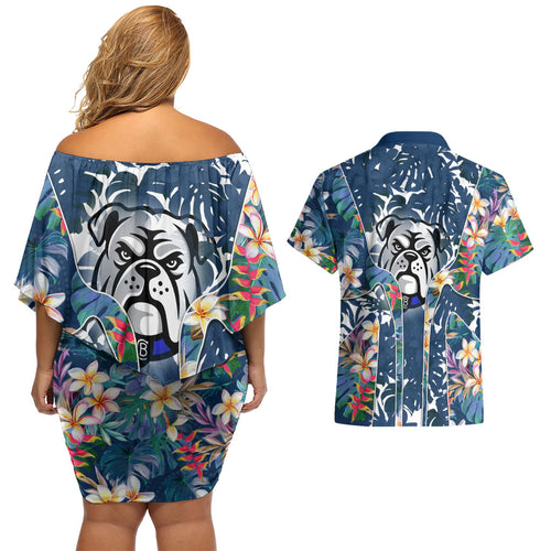 Canterbury-Bankstown Bulldogs Couples Matching Off Shoulder Short Dress and Hawaiian Shirt Tropical Hibiscus Floral Pattern With Blue And White Accents