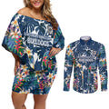 Canterbury-Bankstown Bulldogs Couples Matching Off Shoulder Short Dress and Long Sleeve Button Shirt Tropical Hibiscus Floral Pattern With Blue And White Accents