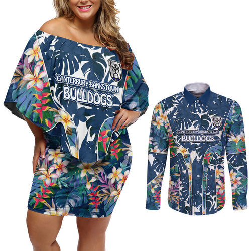 Canterbury-Bankstown Bulldogs Couples Matching Off Shoulder Short Dress and Long Sleeve Button Shirt Tropical Hibiscus Floral Pattern With Blue And White Accents