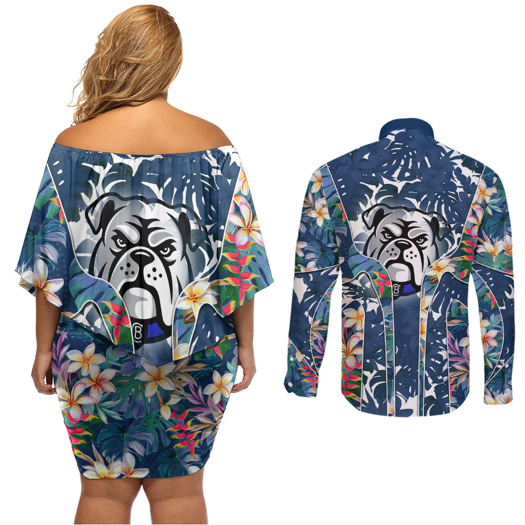 Canterbury-Bankstown Bulldogs Couples Matching Off Shoulder Short Dress and Long Sleeve Button Shirt Tropical Hibiscus Floral Pattern With Blue And White Accents