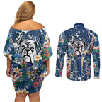 Canterbury-Bankstown Bulldogs Couples Matching Off Shoulder Short Dress and Long Sleeve Button Shirt Tropical Hibiscus Floral Pattern With Blue And White Accents
