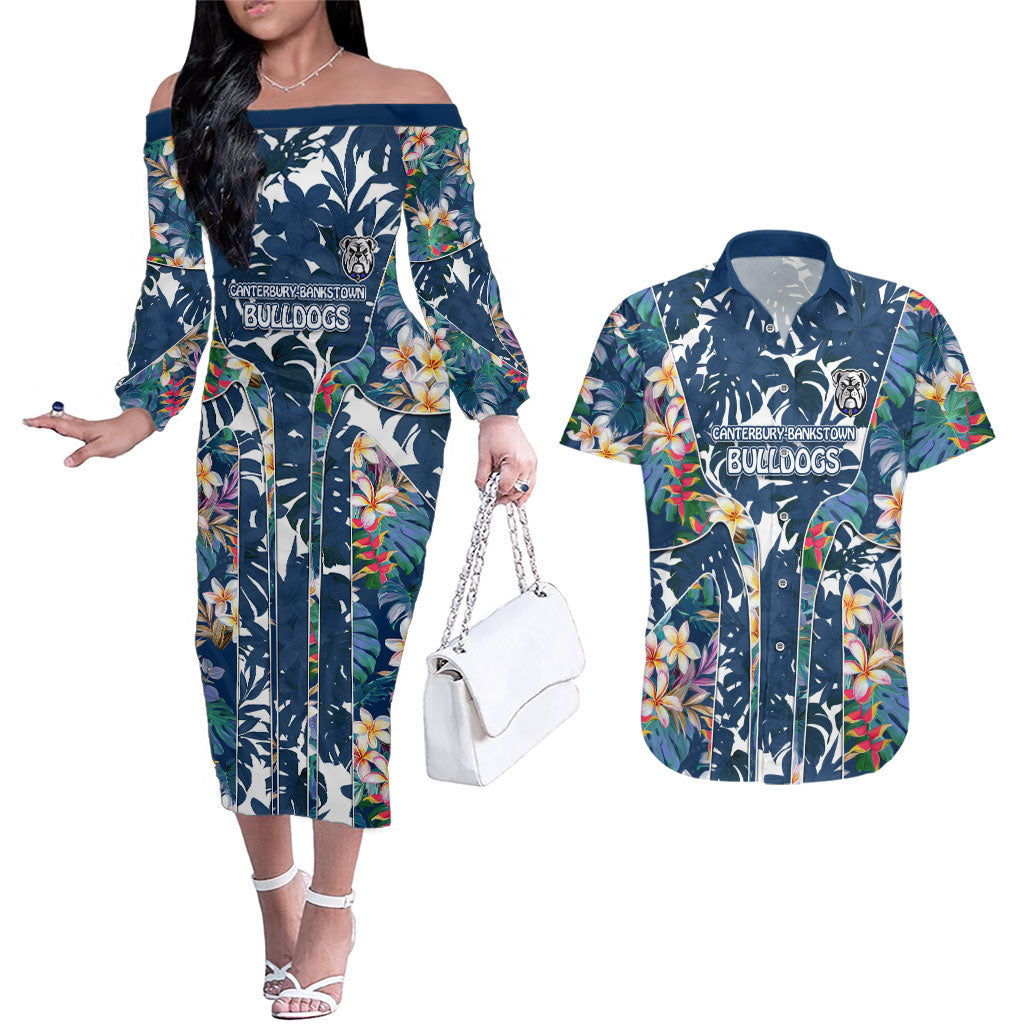 Canterbury-Bankstown Bulldogs Couples Matching Off The Shoulder Long Sleeve Dress and Hawaiian Shirt Tropical Hibiscus Floral Pattern With Blue And White Accents