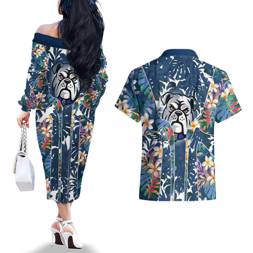 Canterbury-Bankstown Bulldogs Couples Matching Off The Shoulder Long Sleeve Dress and Hawaiian Shirt Tropical Hibiscus Floral Pattern With Blue And White Accents