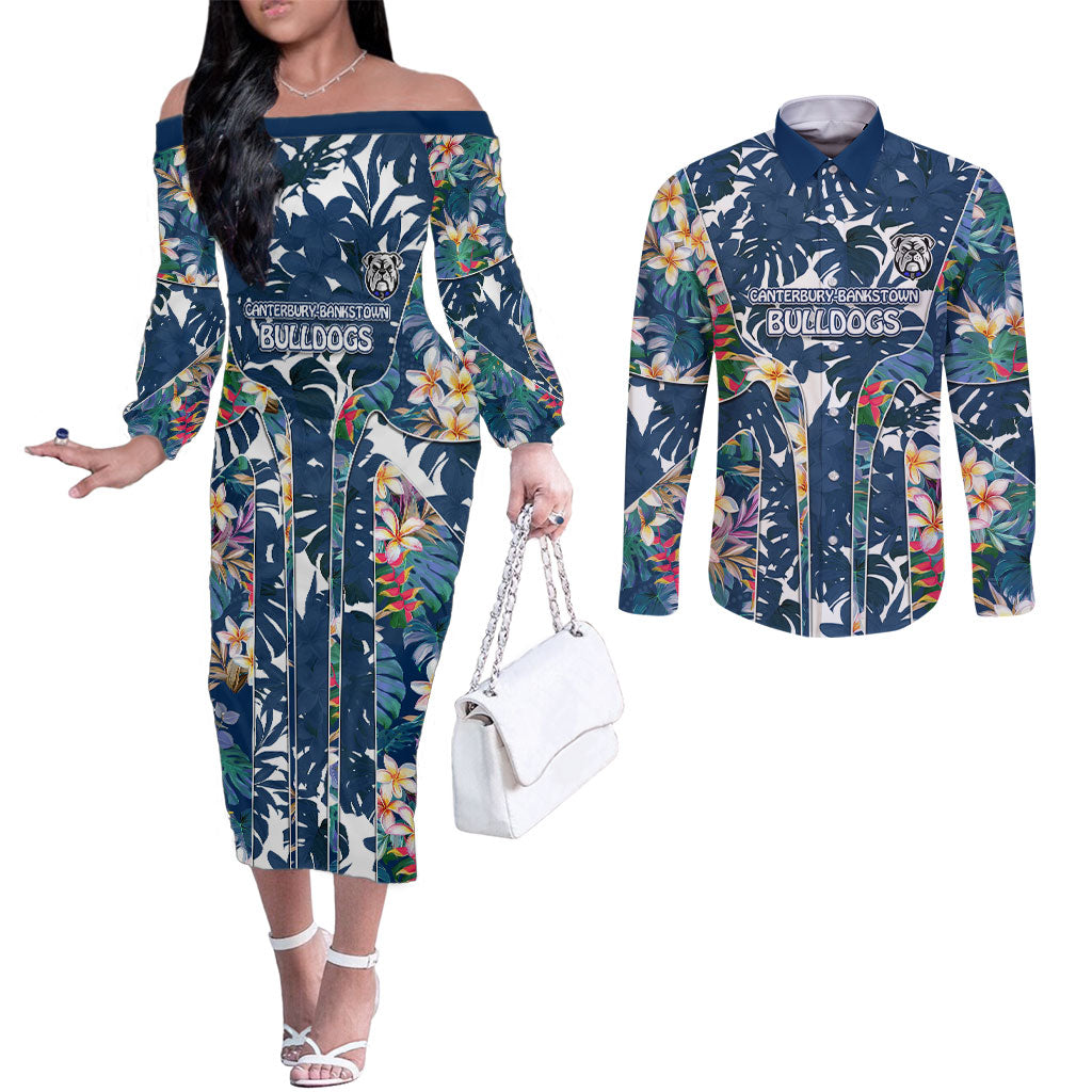 Canterbury-Bankstown Bulldogs Couples Matching Off The Shoulder Long Sleeve Dress and Long Sleeve Button Shirt Tropical Hibiscus Floral Pattern With Blue And White Accents