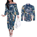 Canterbury-Bankstown Bulldogs Couples Matching Off The Shoulder Long Sleeve Dress and Long Sleeve Button Shirt Tropical Hibiscus Floral Pattern With Blue And White Accents