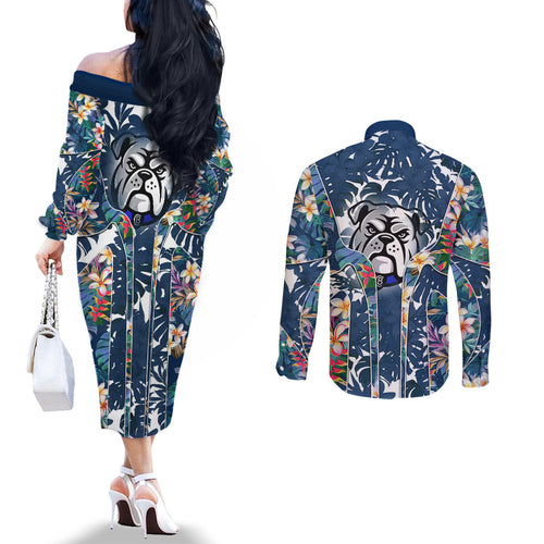 Canterbury-Bankstown Bulldogs Couples Matching Off The Shoulder Long Sleeve Dress and Long Sleeve Button Shirt Tropical Hibiscus Floral Pattern With Blue And White Accents